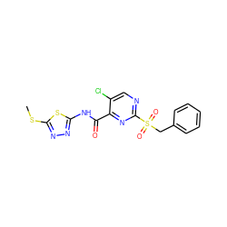 CSc1nnc(NC(=O)c2nc(S(=O)(=O)Cc3ccccc3)ncc2Cl)s1 ZINC000008917172