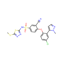 CSc1nnc(NS(=O)(=O)c2ccc(Oc3ccc(Cl)cc3-c3ccnn3C)c(C#N)c2)s1 ZINC000095583097