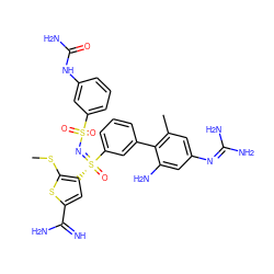 CSc1sc(C(=N)N)cc1[S@](=O)(=NS(=O)(=O)c1cccc(NC(N)=O)c1)c1cccc(-c2c(C)cc(N=C(N)N)cc2N)c1 ZINC000162860338