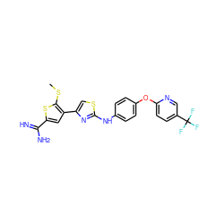 CSc1sc(C(=N)N)cc1-c1csc(Nc2ccc(Oc3ccc(C(F)(F)F)cn3)cc2)n1 ZINC000028010347