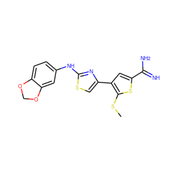 CSc1sc(C(=N)N)cc1-c1csc(Nc2ccc3c(c2)OCO3)n1 ZINC000028008236