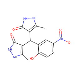 Cc1[nH][nH]c(=O)c1C(c1cc([N+](=O)[O-])ccc1O)c1c(C)[nH][nH]c1=O ZINC000004892758