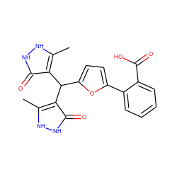 Cc1[nH][nH]c(=O)c1C(c1ccc(-c2ccccc2C(=O)O)o1)c1c(C)[nH][nH]c1=O ZINC000004540535