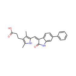 Cc1[nH]c(/C=C2\C(=O)Nc3cc(-c4ccccc4)ccc32)c(C)c1CCC(=O)O ZINC000003834020