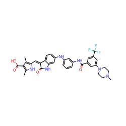 Cc1[nH]c(/C=C2\C(=O)Nc3cc(Nc4cccc(NC(=O)c5cc(N6CCN(C)CC6)cc(C(F)(F)F)c5)c4)ccc32)c(C)c1C(=O)O ZINC000084652351