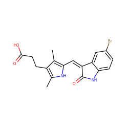 Cc1[nH]c(/C=C2\C(=O)Nc3ccc(Br)cc32)c(C)c1CCC(=O)O ZINC000003834033