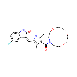 Cc1[nH]c(/C=C2\C(=O)Nc3ccc(F)cc32)c(C)c1C(=O)N1CCOCCOCCOCC1 ZINC000203709149