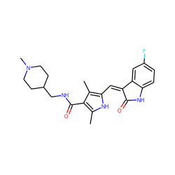 Cc1[nH]c(/C=C2\C(=O)Nc3ccc(F)cc32)c(C)c1C(=O)NCC1CCN(C)CC1 ZINC000013493834