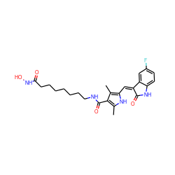 Cc1[nH]c(/C=C2\C(=O)Nc3ccc(F)cc32)c(C)c1C(=O)NCCCCCCCC(=O)NO ZINC000043194443