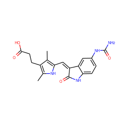 Cc1[nH]c(/C=C2\C(=O)Nc3ccc(NC(N)=O)cc32)c(C)c1CCC(=O)O ZINC000014962644