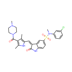 Cc1[nH]c(/C=C2\C(=O)Nc3ccc(S(=O)(=O)N(C)c4cccc(Cl)c4)cc32)c(C)c1C(=O)N1CCN(C)CC1 ZINC000016052811