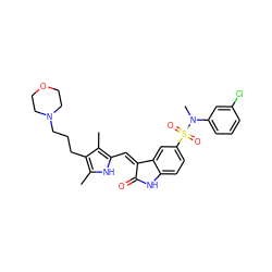 Cc1[nH]c(/C=C2\C(=O)Nc3ccc(S(=O)(=O)N(C)c4cccc(Cl)c4)cc32)c(C)c1CCCN1CCOCC1 ZINC000043063271