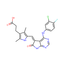 Cc1[nH]c(/C=C2\C(=O)Nc3ncnc(Nc4ccc(F)c(Cl)c4)c32)c(C)c1CCC(=O)O ZINC000013445419