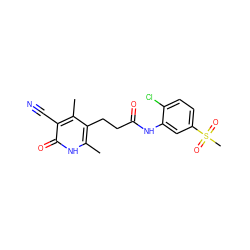 Cc1[nH]c(=O)c(C#N)c(C)c1CCC(=O)Nc1cc(S(C)(=O)=O)ccc1Cl ZINC000007988714