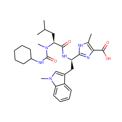 Cc1[nH]c([C@@H](Cc2cn(C)c3ccccc23)NC(=O)[C@H](CC(C)C)N(C)C(=O)NC2CCCCC2)nc1C(=O)O ZINC000028107897