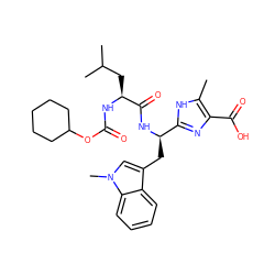 Cc1[nH]c([C@@H](Cc2cn(C)c3ccccc23)NC(=O)[C@H](CC(C)C)NC(=O)OC2CCCCC2)nc1C(=O)O ZINC000028096218