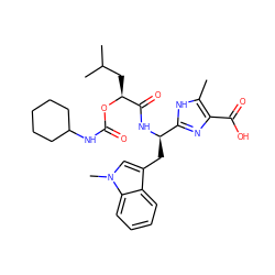 Cc1[nH]c([C@@H](Cc2cn(C)c3ccccc23)NC(=O)[C@H](CC(C)C)OC(=O)NC2CCCCC2)nc1C(=O)O ZINC000028096147