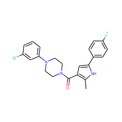 Cc1[nH]c(-c2ccc(F)cc2)cc1C(=O)N1CCN(c2cccc(Cl)c2)CC1 ZINC000006781510