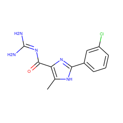 Cc1[nH]c(-c2cccc(Cl)c2)nc1C(=O)N=C(N)N ZINC000040913785