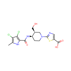 Cc1[nH]c(C(=O)N[C@@H]2CCN(c3ncc(C(=O)O)s3)C[C@@H]2CO)c(Cl)c1Cl ZINC000299833190