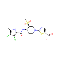 Cc1[nH]c(C(=O)N[C@@H]2CCN(c3ncc(C(=O)O)s3)C[C@@H]2S(C)(=O)=O)c(Cl)c1Cl ZINC000224157245