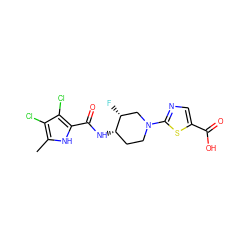 Cc1[nH]c(C(=O)N[C@H]2CCN(c3ncc(C(=O)O)s3)C[C@H]2F)c(Cl)c1Cl ZINC000073158285