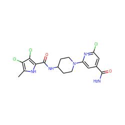 Cc1[nH]c(C(=O)NC2CCN(c3cc(C(N)=O)cc(Cl)n3)CC2)c(Cl)c1Cl ZINC000073170231