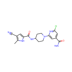 Cc1[nH]c(C(=O)NC2CCN(c3cc(C(N)=O)cc(Cl)n3)CC2)cc1C#N ZINC000073196628