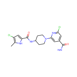 Cc1[nH]c(C(=O)NC2CCN(c3cc(C(N)=O)cc(Cl)n3)CC2)cc1Cl ZINC000073196627