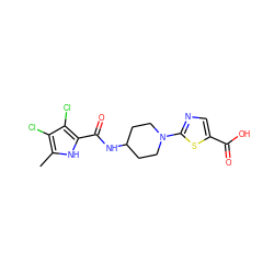 Cc1[nH]c(C(=O)NC2CCN(c3ncc(C(=O)O)s3)CC2)c(Cl)c1Cl ZINC000034576038