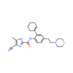 Cc1[nH]c(C(=O)Nc2ccc(CCN3CCOCC3)cc2C2=CCCCC2)nc1C#N ZINC000146916899