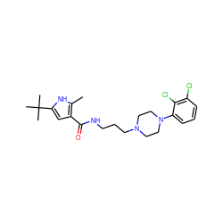 Cc1[nH]c(C(C)(C)C)cc1C(=O)NCCCN1CCN(c2cccc(Cl)c2Cl)CC1 ZINC000058568469