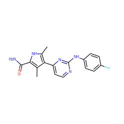 Cc1[nH]c(C(N)=O)c(C)c1-c1ccnc(Nc2ccc(F)cc2)n1 ZINC000014945955