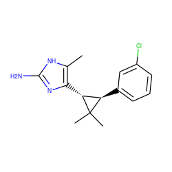 Cc1[nH]c(N)nc1[C@@H]1[C@@H](c2cccc(Cl)c2)C1(C)C ZINC000013588447