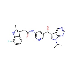 Cc1[nH]c2c(F)cccc2c1CC(=O)Nc1cncc(C(=O)c2cn(C(C)C)c3ncncc23)c1 ZINC000221753756