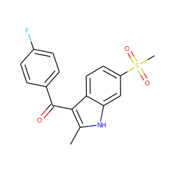 Cc1[nH]c2cc(S(C)(=O)=O)ccc2c1C(=O)c1ccc(F)cc1 ZINC000028378719