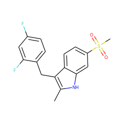 Cc1[nH]c2cc(S(C)(=O)=O)ccc2c1Cc1ccc(F)cc1F ZINC000028378693