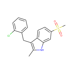 Cc1[nH]c2cc(S(C)(=O)=O)ccc2c1Cc1ccccc1Cl ZINC000028374393