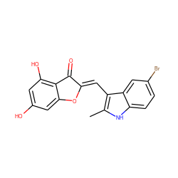 Cc1[nH]c2ccc(Br)cc2c1/C=C1\Oc2cc(O)cc(O)c2C1=O ZINC000049113166