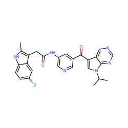 Cc1[nH]c2ccc(Cl)cc2c1CC(=O)Nc1cncc(C(=O)c2cn(C(C)C)c3ncncc23)c1 ZINC000221753836