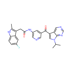 Cc1[nH]c2ccc(F)cc2c1CC(=O)Nc1cncc(C(=O)c2cn(C(C)C)c3ncncc23)c1 ZINC000221754105