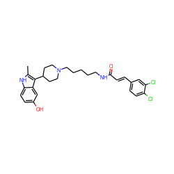 Cc1[nH]c2ccc(O)cc2c1C1CCN(CCCCCNC(=O)/C=C/c2ccc(Cl)c(Cl)c2)CC1 ZINC000029484316