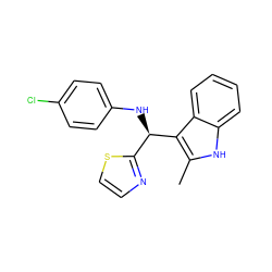 Cc1[nH]c2ccccc2c1[C@H](Nc1ccc(Cl)cc1)c1nccs1 ZINC000103244915