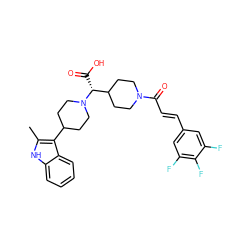 Cc1[nH]c2ccccc2c1C1CCN([C@H](C(=O)O)C2CCN(C(=O)/C=C/c3cc(F)c(F)c(F)c3)CC2)CC1 ZINC000028824841