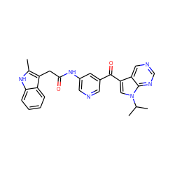 Cc1[nH]c2ccccc2c1CC(=O)Nc1cncc(C(=O)c2cn(C(C)C)c3ncncc23)c1 ZINC000221753920