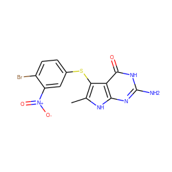 Cc1[nH]c2nc(N)[nH]c(=O)c2c1Sc1ccc(Br)c([N+](=O)[O-])c1 ZINC000028523752