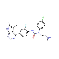 Cc1[nH]c2ncnc(-c3ccc(NC(=O)N(CCN(C)C)c4ccc(Cl)cc4)c(F)c3)c2c1C ZINC000299867320