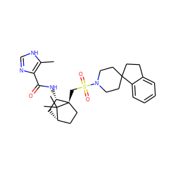 Cc1[nH]cnc1C(=O)N[C@H]1C[C@H]2CC[C@]1(CS(=O)(=O)N1CCC3(CCc4ccccc43)CC1)C2(C)C ZINC000027317790