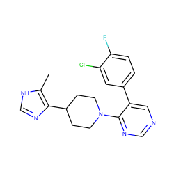 Cc1[nH]cnc1C1CCN(c2ncncc2-c2ccc(F)c(Cl)c2)CC1 ZINC000036176432