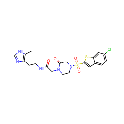 Cc1[nH]cnc1CCNC(=O)CN1CCN(S(=O)(=O)c2cc3ccc(Cl)cc3s2)CC1=O ZINC000029414994